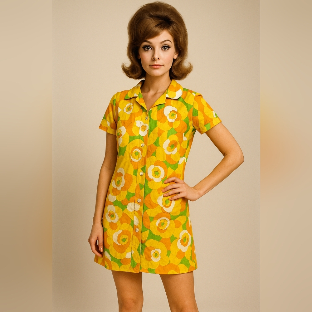 Vintage 60s Mod Floral Retro Print Mini Dress Size M/L Groovy Tunic EUC - Picture 1 of 6